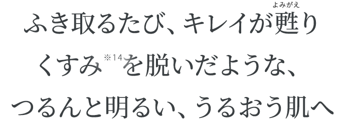 ふき取るたび、キレイが甦りくすみを脱いだような、つるんと明るい、うるおう肌へ