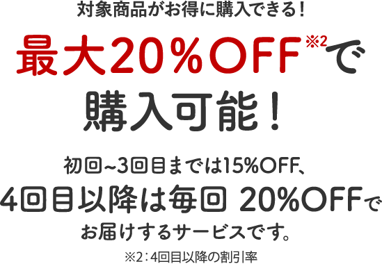 最大20%OFF※で購入可能！初回～3回目までは15%OFF、4回目以降は毎回20%OFFでお届けするサービスです。※4回目以降の割引率