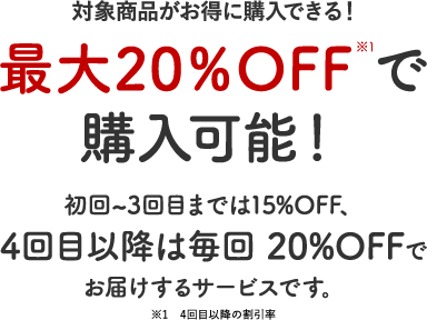 最大20%OFF※で購入可能！初回～3回目までは15%OFF、4回目以降は毎回20%OFFでお届けするサービスです。※4回目以降の割引率