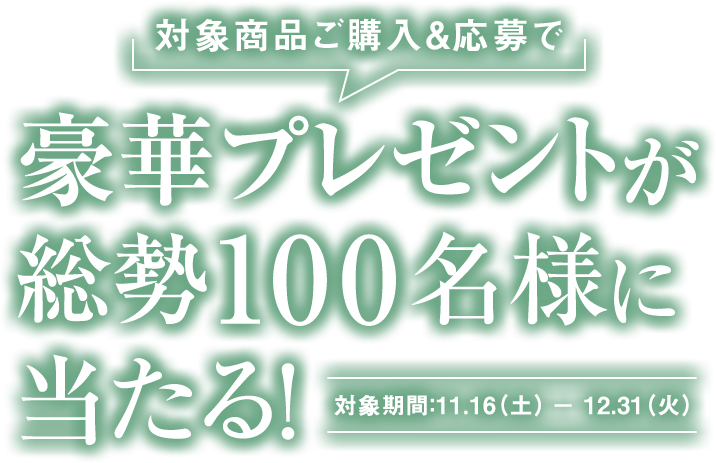 対象商品ご購入&応募で　豪華プレゼントが総勢100名様に当たる！　対象期間:1116(土)-12.31