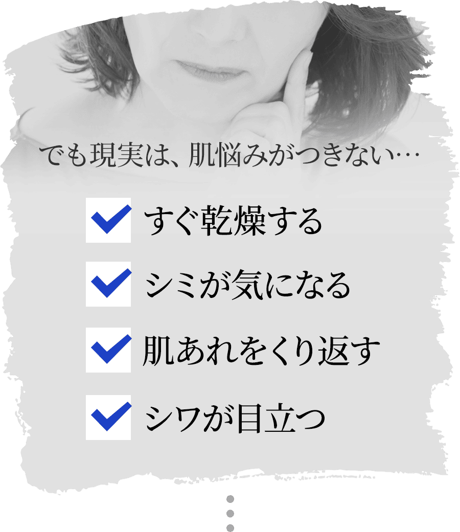 でも現実は、肌悩みがつきない… すぐ乾燥する シミが気になる 肌あれをくり返す シワが目立つ