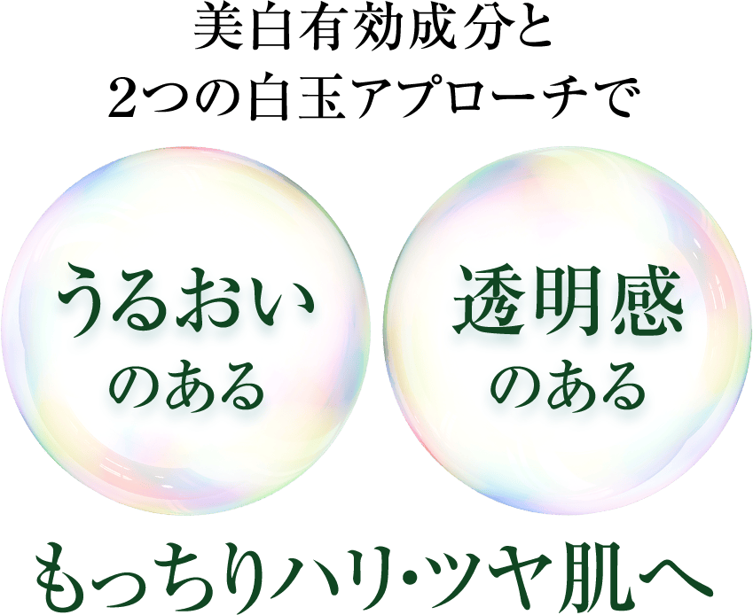 美白有効成分と2つの白玉アプローチで　うるおいのある　透明感のある　もっちりハリ・ツヤ肌へ