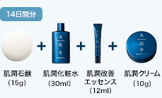 14日間分 肌潤石鹸（15g）＋ 肌潤化粧水（30ml）＋ 肌潤改善エッセンス（12ml）＋ 肌潤クリーム（10g）