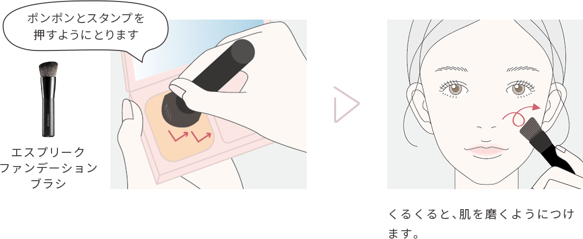 エスプリークファンデーションブラシ ポンポンとスタンプを押すようにとります　くるくると、肌を磨くようにつけます。