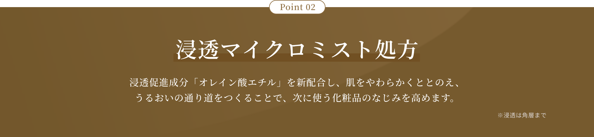Point 02 浸透マイクロミスト処方 浸透促進成分「オレイン酸エチル」を新配合し、肌をやわらかくととのえ、うるおいの通り道をつくることで、次に使う化粧品のなじみを高めます。※浸透は角層まで