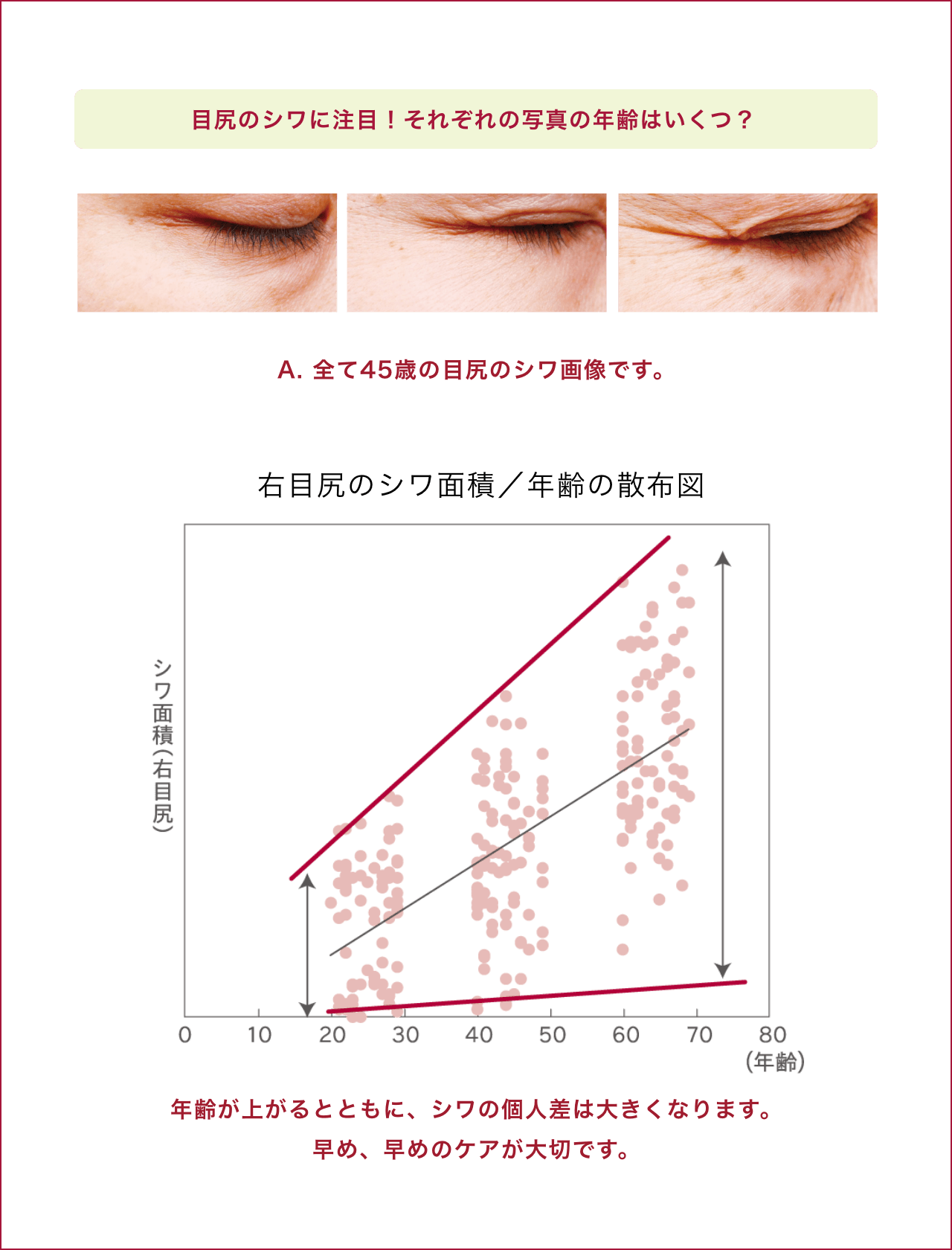 年齢が上がるとともに、シワの個人差は大きくなります。早め、早めのケアが大切です。