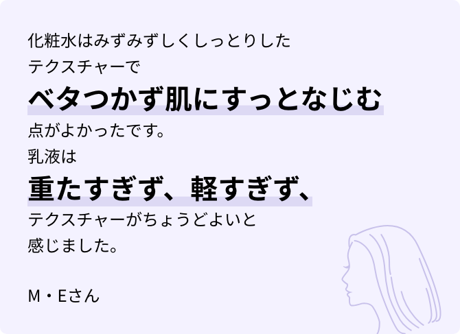 化粧水はみずみずしくしっとりしたテクスチャーでベタつかず肌にすっとなじむ点がよかったです。乳液は重たすぎず、軽すぎず、テクスチャーがちょうどよいと感じました。M・Eさん