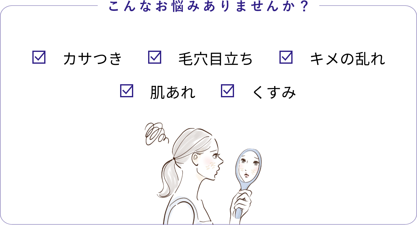 こんなお悩みありませんか？カサつき 毛穴目立ち 弾力不足 肌あれ くすみ