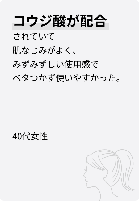 コウジ酸が配合されていて肌なじみがよく、みずみずしい使用感でベタつかず使いやすかった。40代女性