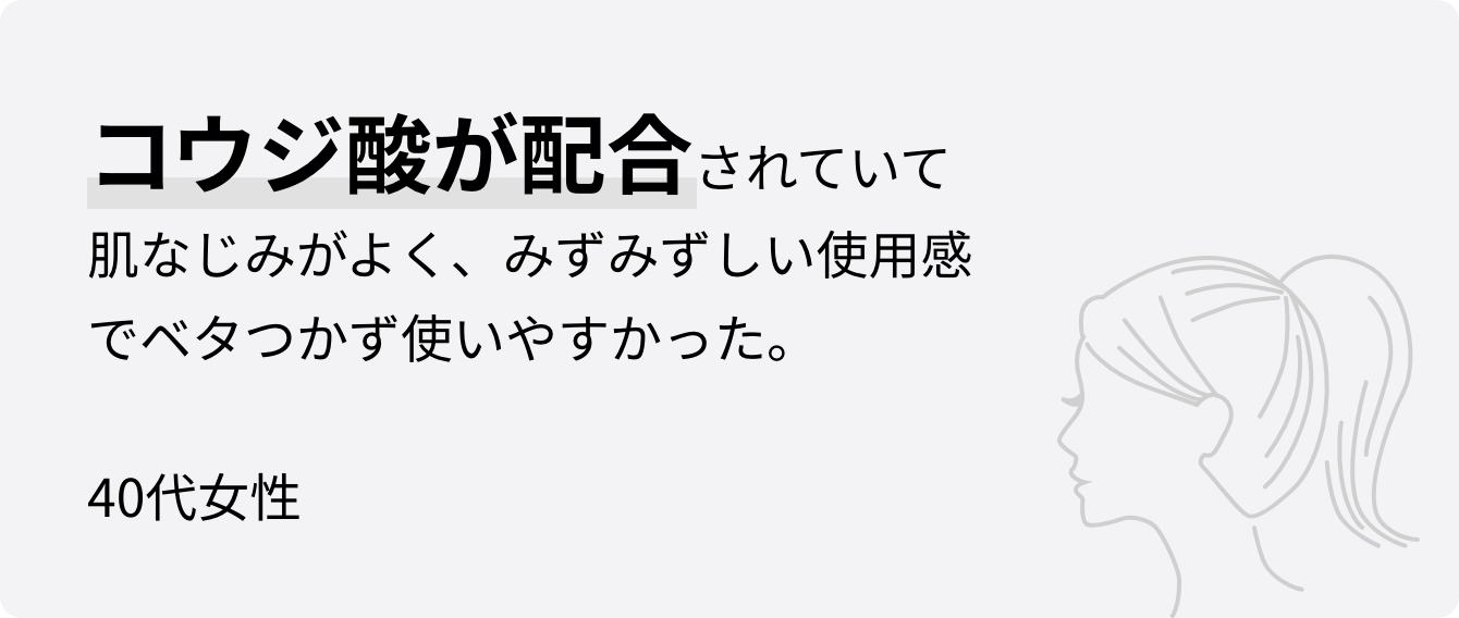 コウジ酸が配合されていて肌なじみがよく、みずみずしい使用感でベタつかず使いやすかった。40代女性