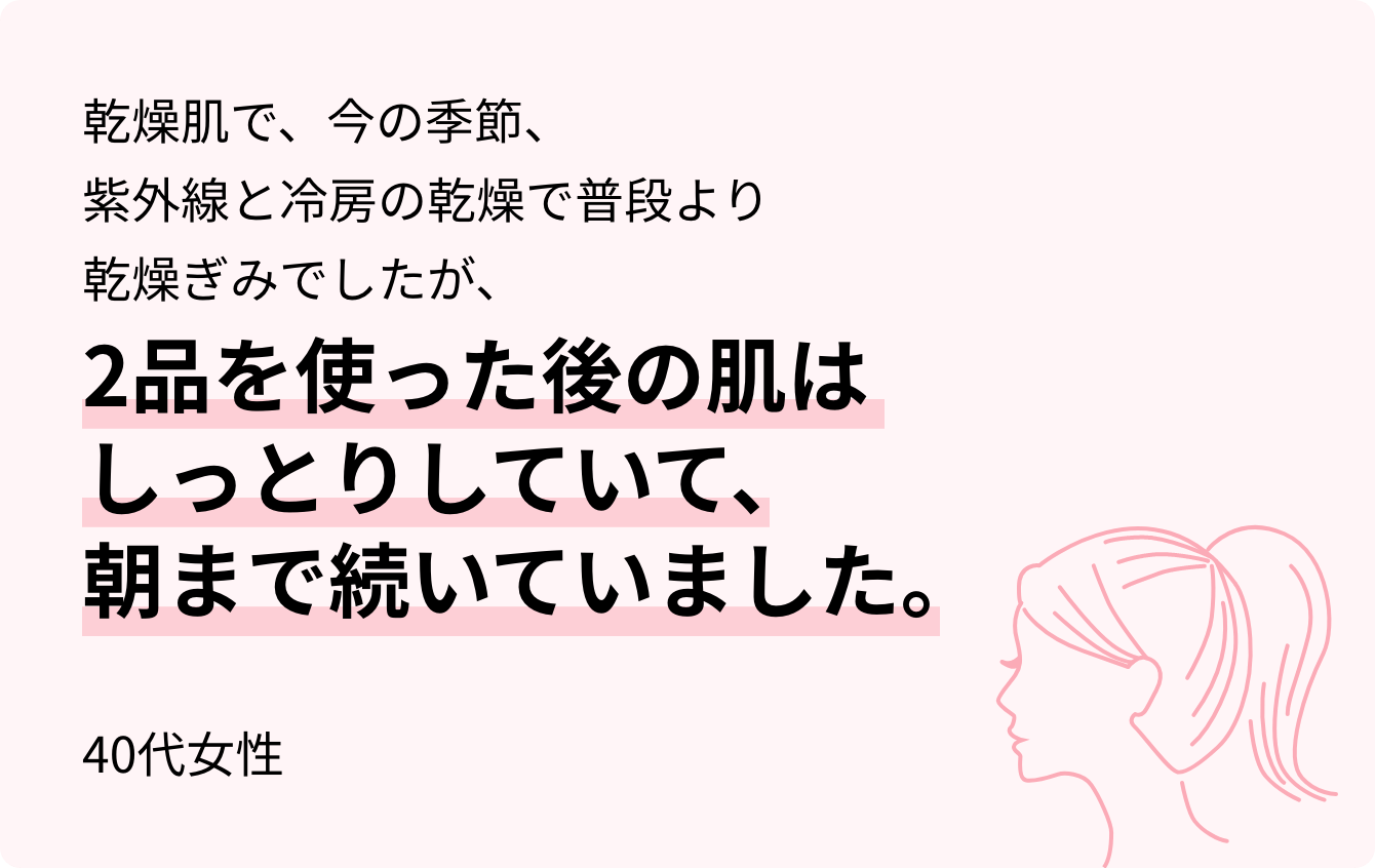 乾燥肌で、今の季節、紫外線と冷房の乾燥で普段より乾燥ぎみでしたが、2品を使った後の肌はしっとりしていて、朝まで続いていました。40代女性