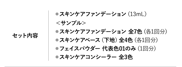 セット内容 ●スキンケアファンデーション（13mL）＜サンプル＞ ●スキンケアファンデーション 全7色（各1回分）●スキンケアベース（下地）全4色（各1回分）●フェイスパウダー 代表色01のみ（1回分）●スキンケアコンシーラー 全3色