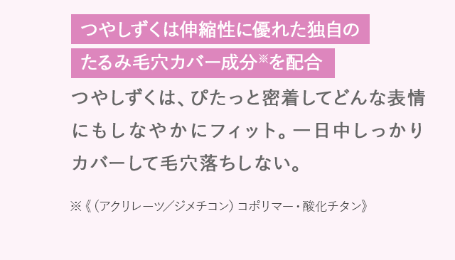 つやしずくは伸縮性に優れた独自のたるみ毛穴カバー成分※を配合 つやしずくは、ぴたっと密着してどんな表情にもしなやかにフィット。一日中しっかりカバーして毛穴落ちしない。※《（アクリレーツ／ジメチコン）コポリマー・酸化チタン》