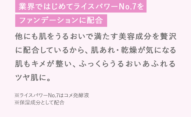 業界ではじめてライスパワーNo.7をファンデーションに配合 他にも肌をうるおいで満たす美容成分を贅沢に配合しているから、肌あれ・乾燥が気になる肌もキメが整い、ふっくらうるおいあふれるツヤ肌に。※ライスパワーNo.7はコメ発酵液※保湿成分として配合  